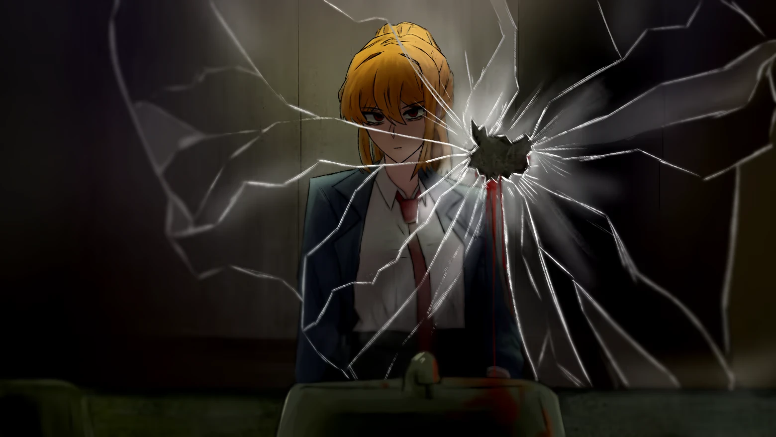 Nightmere: Blonde woman in suit seen through cracked mirror with blood streaks and hole.