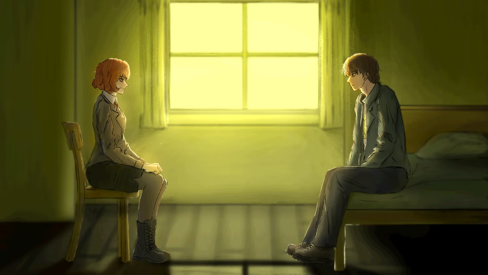 Nightmere: Woman on chair faces man on bed in sunlit room with large window.
