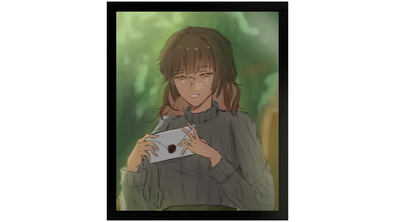 Nightmere: Smiling woman with glasses holds sealed white envelope on green backdrop.