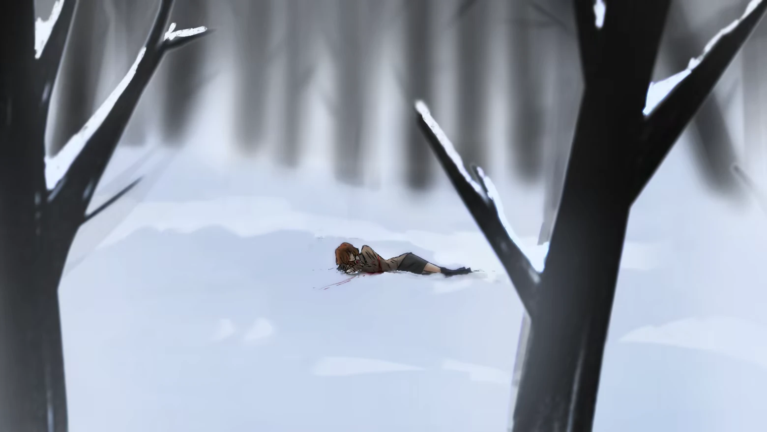 Nightmere: Person lying face-down in snowy forest, blood streak on white ground.