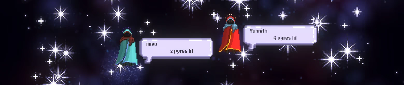 Nightpyre: Two hooded figures in space with text boxes, surrounded by bright stars.