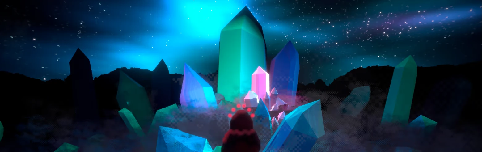 Nightpyre: Vibrant crystals glow under a starry sky, surrounded by mist and shadowy figures.