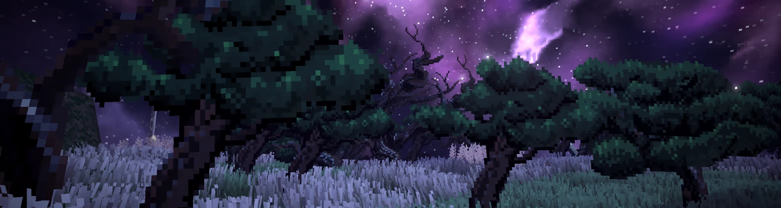 Nightpyre: Pixelated forest under a starry purple sky with twisted trees and glowing grass.