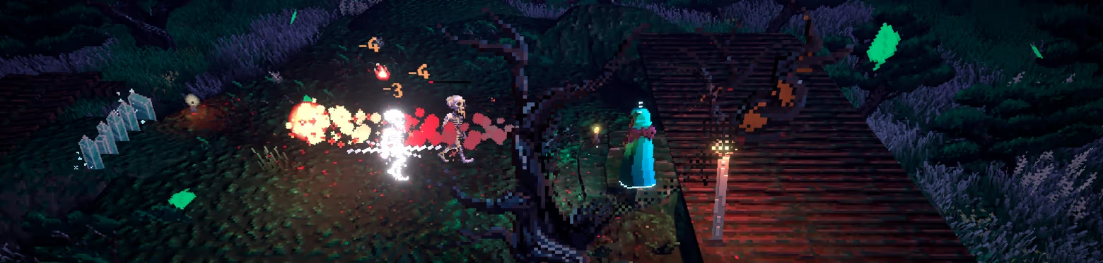 Nightpyre: A glowing figure battles skeletons with fireballs in a dark, pixelated forest path.