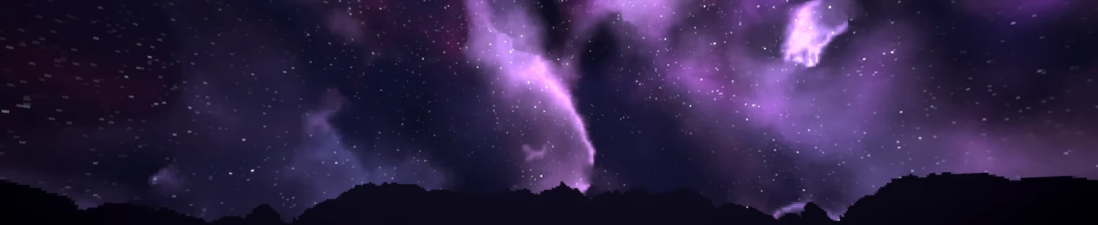 Nightpyre: Starry night sky with purple nebulae above a jagged black silhouette horizon.