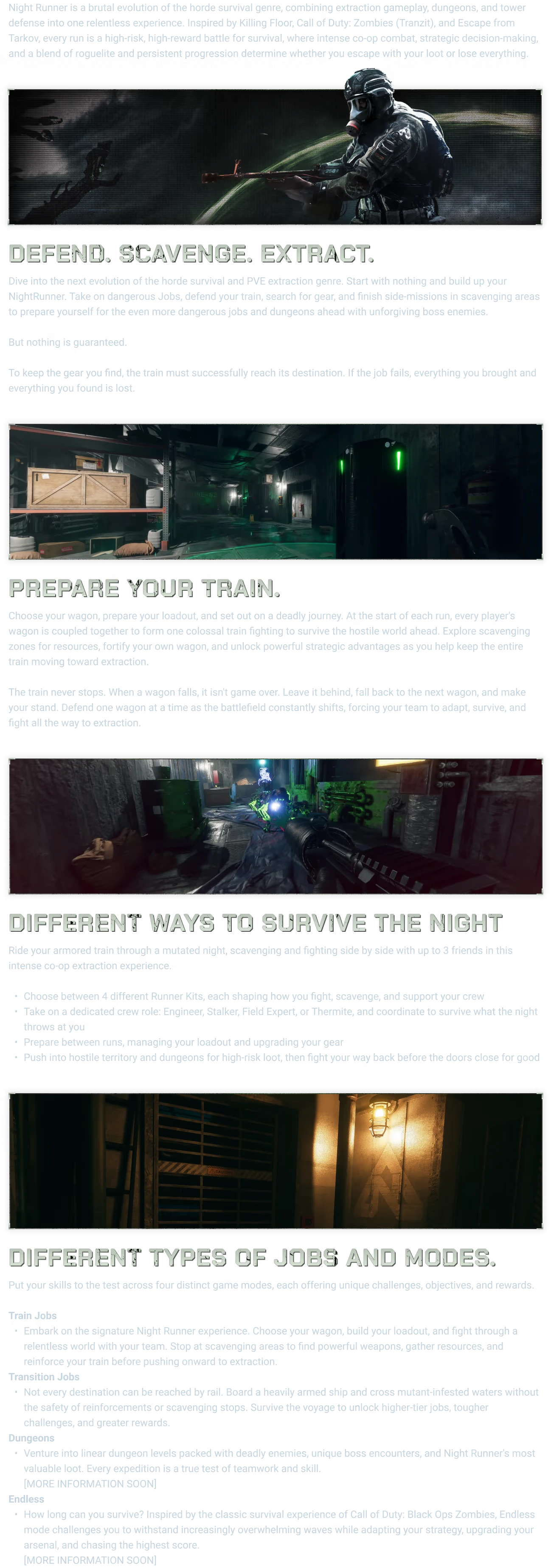 Gasmask Rifleman – NightRunner NightRunner: Page with soldier aiming rifle; headings “DEFEND. SCAVENGE. EXTRACT.”.