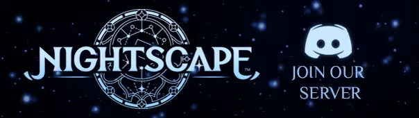 Nightscape: Logo with celestial design, "JOIN OUR SERVER" text, and Discord icon on starry background.