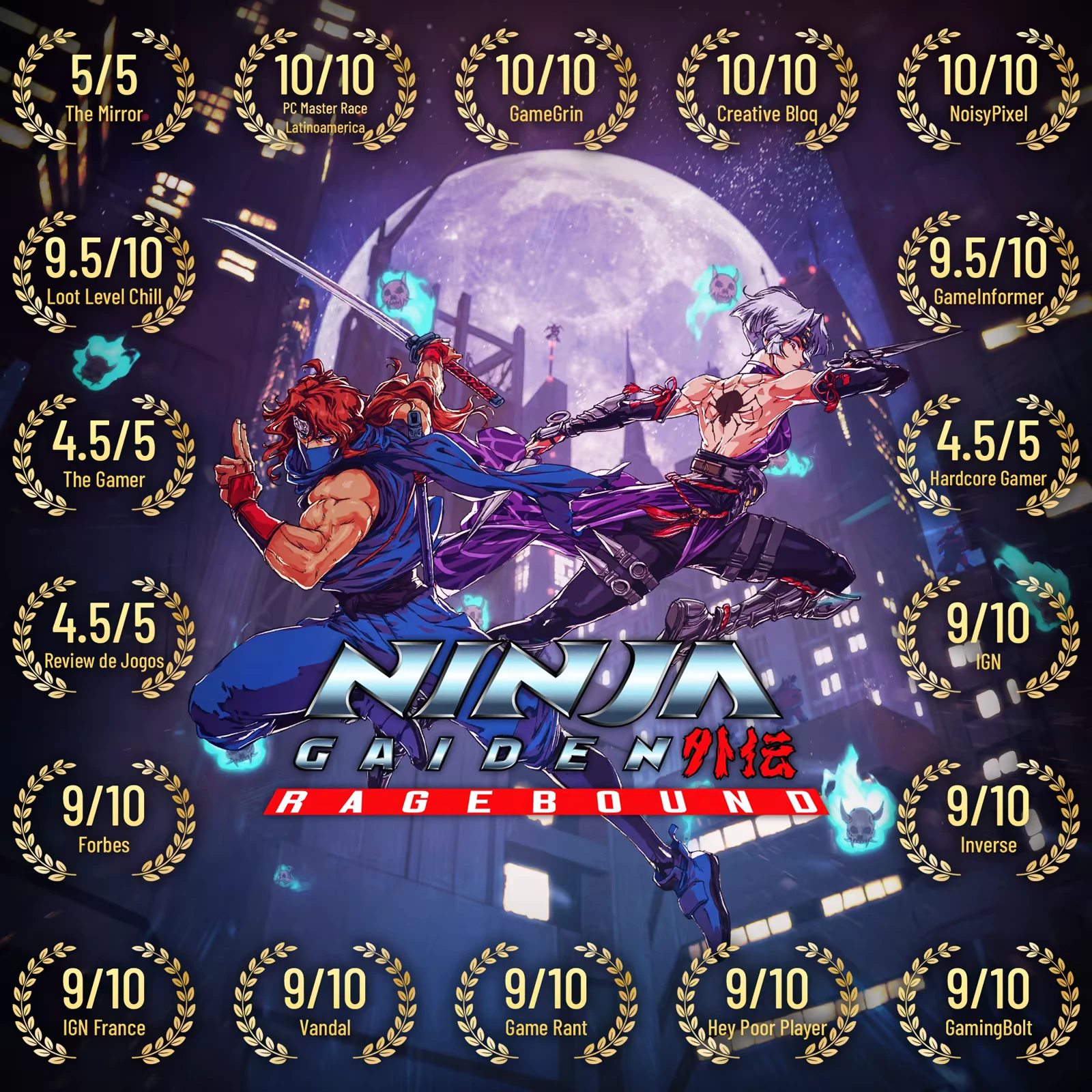 NINJA GAIDEN: Two ninjas clash under a full moon, surrounded by glowing reviews and ratings.