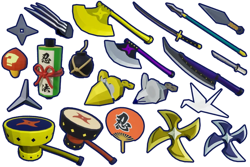 Weapon Variety – Ninjam! Ninjam!: Assorted weapons and items, including axes, shurikens, swords, and a fan with kanji.