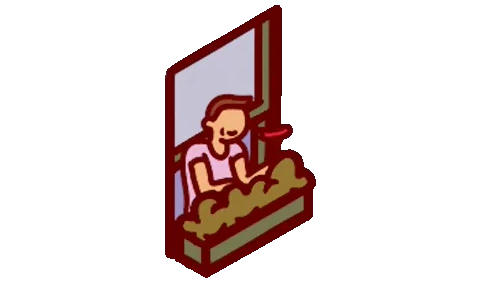 Nippets: Cartoon person in pink shirt leaning out of a window with a flower box below.