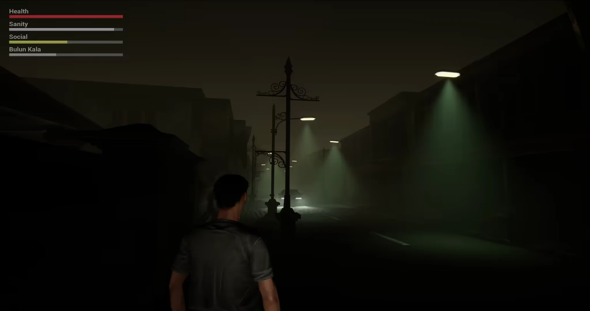 Dark Street Exploration – Niskala Sacred Knowledge of Leyak Niskala Sacred Knowledge of Leyak: A character walks down a dimly lit street with health bars.