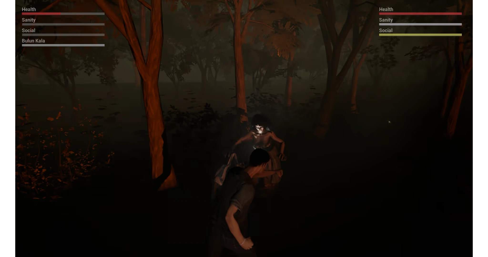 Forest Confrontation – Niskala Sacred Knowledge of Leyak Niskala Sacred Knowledge of Leyak: A character confronts a glowing figure in a dark forest; health bars visible.