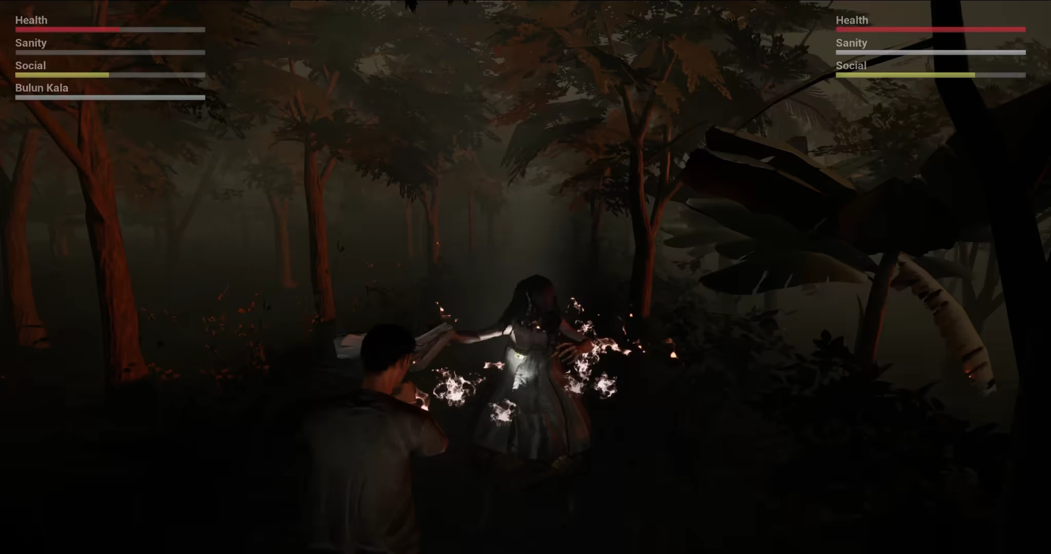 Forest Encounter – Niskala Sacred Knowledge of Leyak Niskala Sacred Knowledge of Leyak: A character confronts a ghostly figure in a dark forest, with health and sanity bars visible.