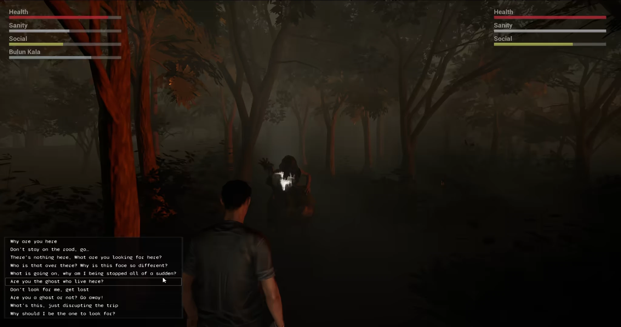 Ghost Encounter – Niskala Sacred Knowledge of Leyak Niskala Sacred Knowledge of Leyak: Character in forest faces ghostly figure; health bars visible.