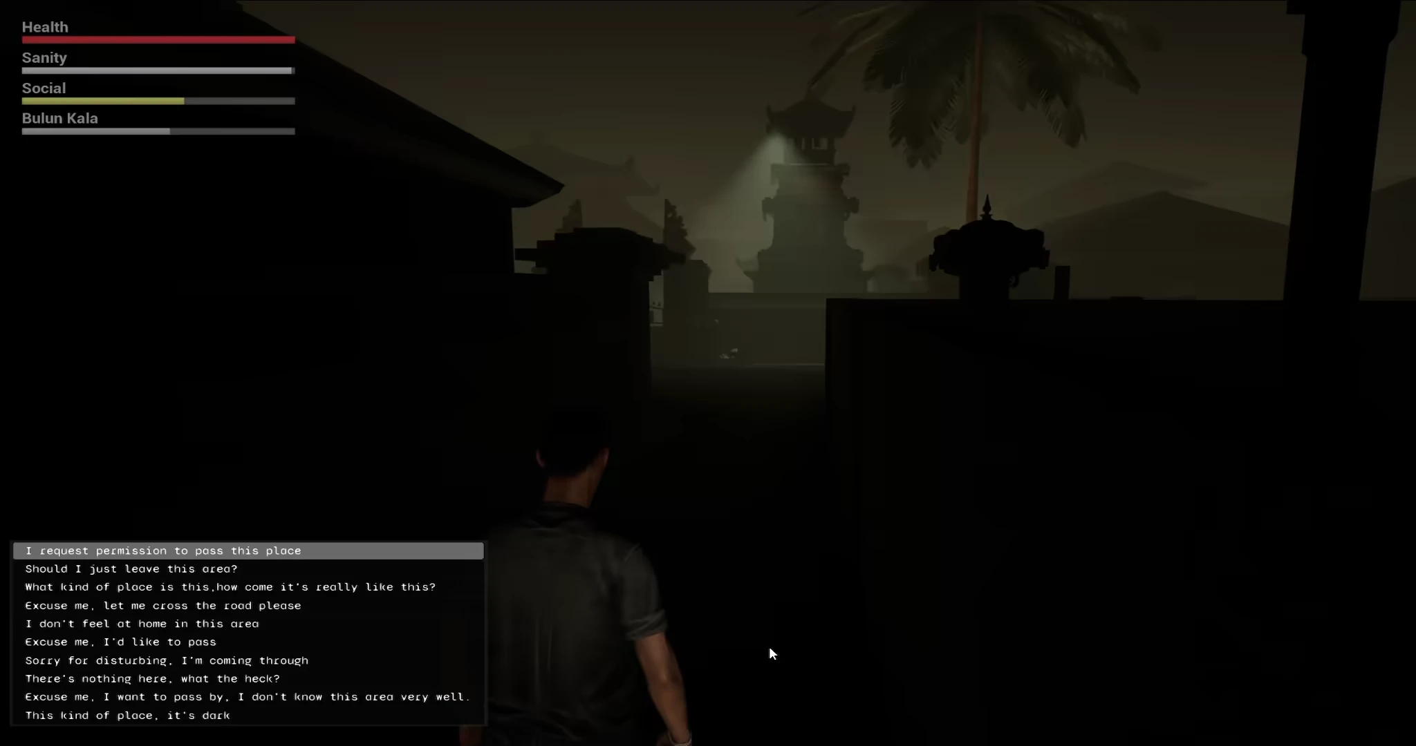 Temple Pathway – Niskala Sacred Knowledge of Leyak Niskala Sacred Knowledge of Leyak: A character walks through a dark alley with health and text UI.