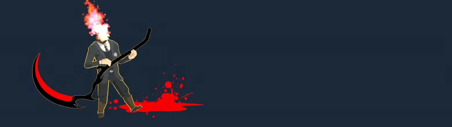 No Death In Wild West: A flaming-headed figure in a suit wields a scythe over red splatters.