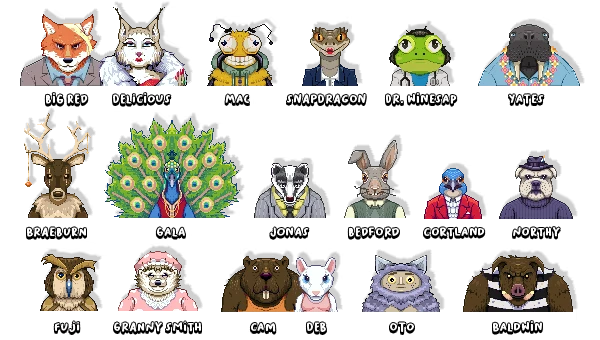 Characters Gallery – No Stone Unturned No Stone Unturned: Pixel art animals in suits with names below; includes a fox, frog, and peacock.