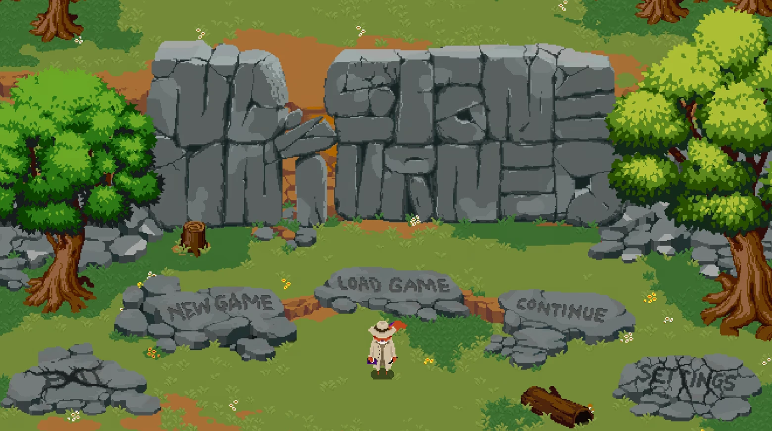 Menu Screen – No Stone Unturned No Stone Unturned: A detective in a trench coat stands before stone menu options in a grassy area.