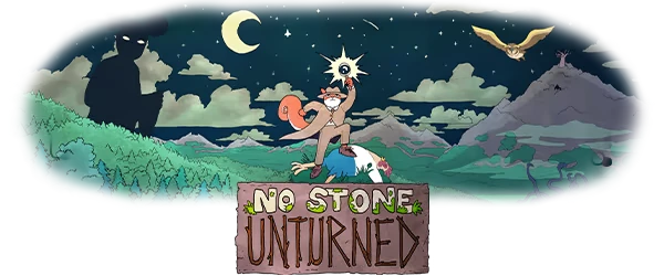 Mystery Night Sky – No Stone Unturned No Stone Unturned: A squirrel detective holds a magnifying glass under a crescent moon, with an owl flying.