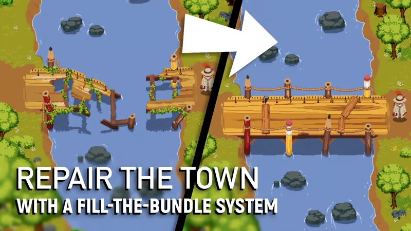 Repair Bridge – No Stone Unturned No Stone Unturned: Split image of a broken and repaired bridge, with text "REPAIR THE TOWN."