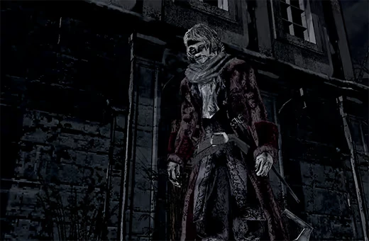 No Vacation for an Executioner: A cloaked figure stands in front of a dark, weathered building.
