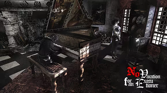 No Vacation for an Executioner: A dim room with a man at a piano, a woman by windows, gothic text.
