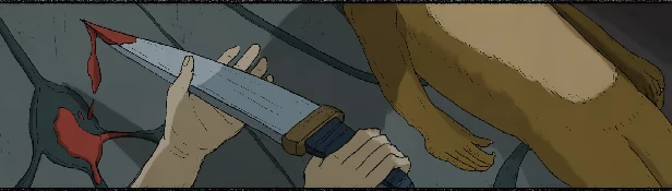 Noah's Dilemma: Hands holding a blood-stained knife near a brown animal on a wooden surface.