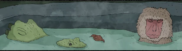 Noah's Dilemma: A monkey and two crocodiles relax in a steaming hot spring, eyes closed.