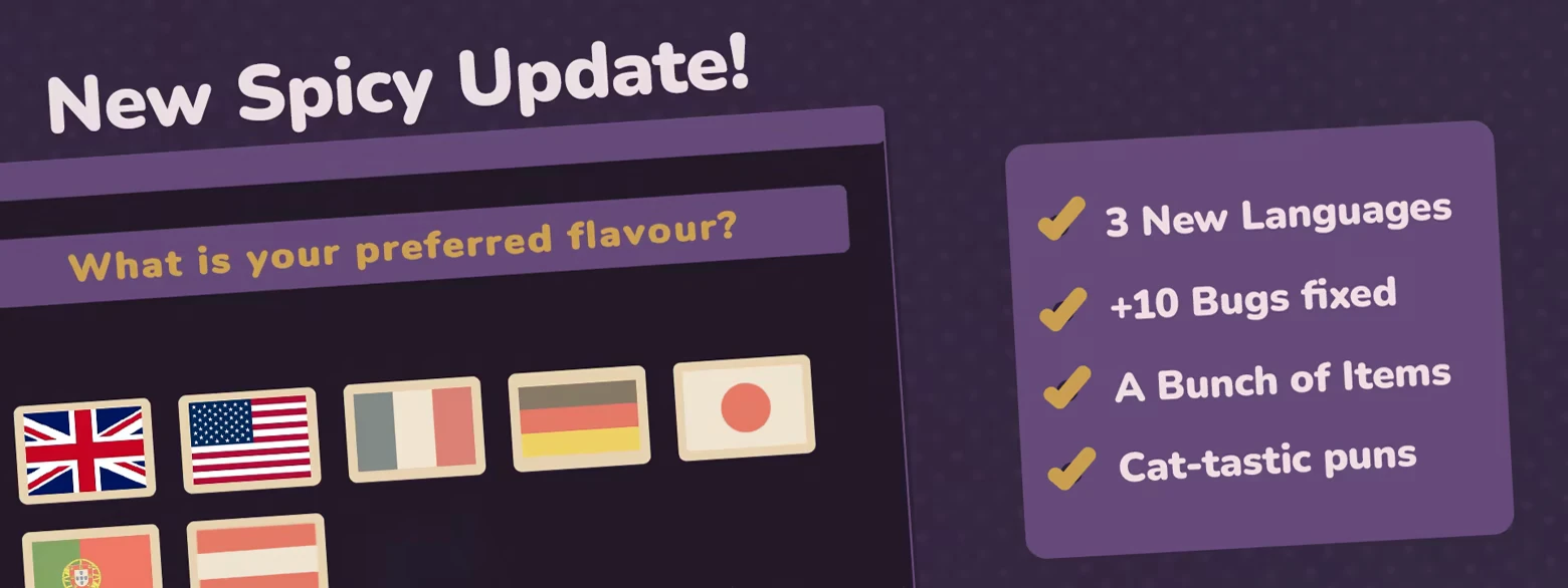 NOK: "New Spicy Update!" text with flags and features like languages and bug fixes.