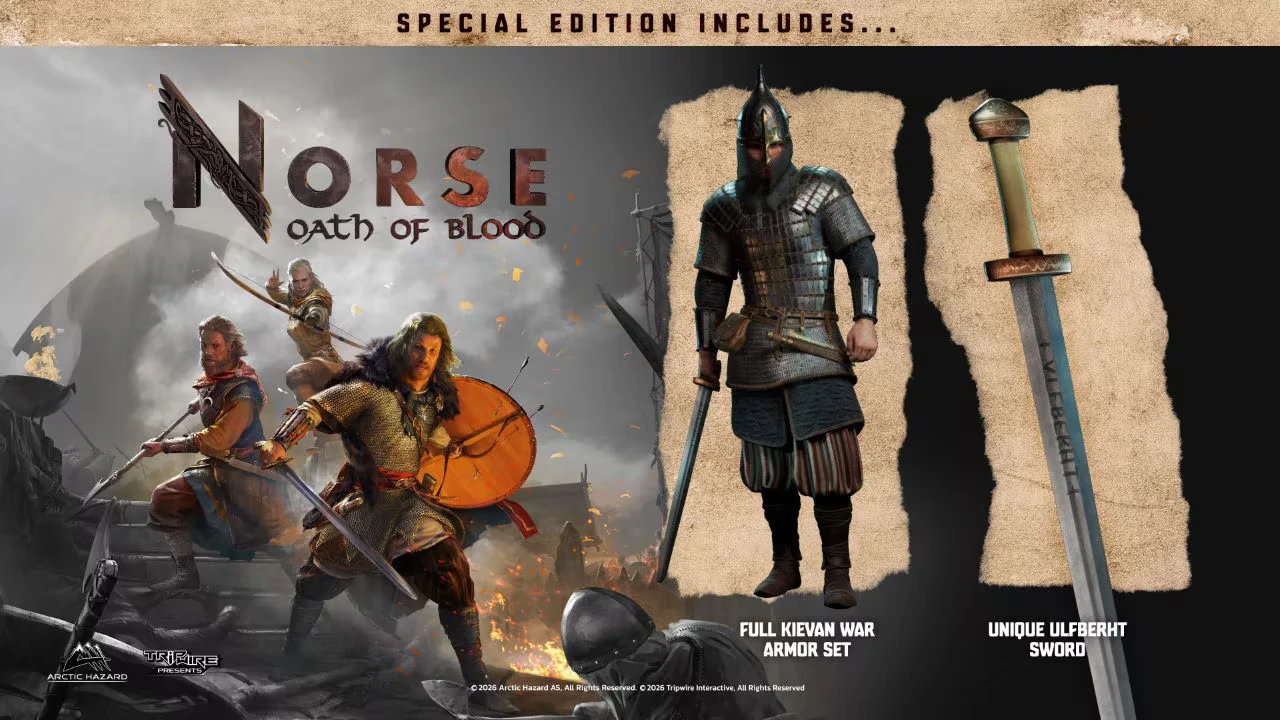 NORSE: Three warriors in battle, armored figure, sword labeled "ULFBERHT," special edition text.