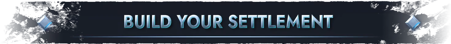 Build Your Settlement – Northgard Battlegrounds Northgard Battlegrounds: “BUILD YOUR SETTLEMENT” text on dark banner with diamond icons.