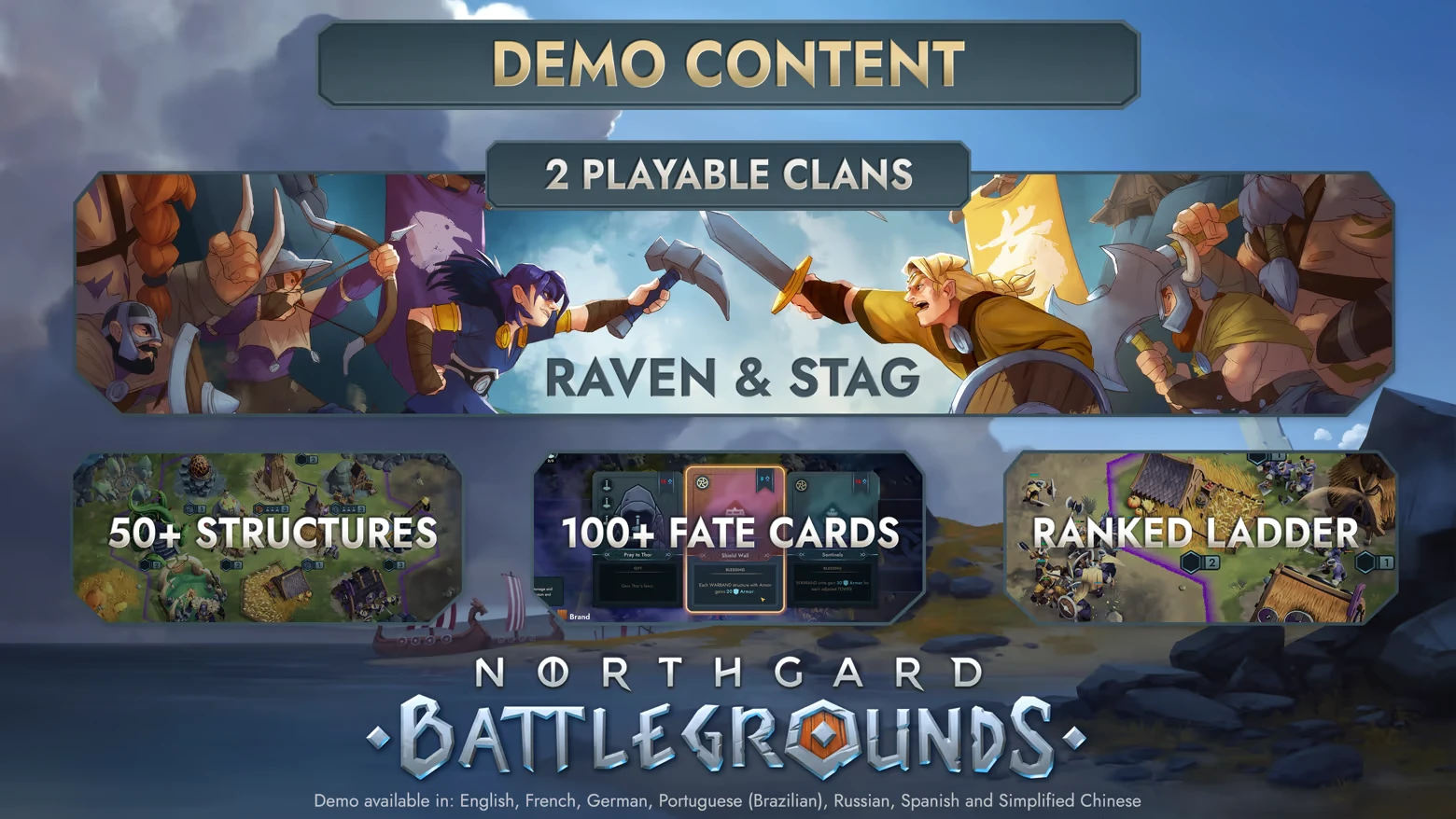 Demo Content Banner – Northgard Battlegrounds Northgard Battlegrounds: Demo content banner with Raven & Stag, 2 playable clans text.