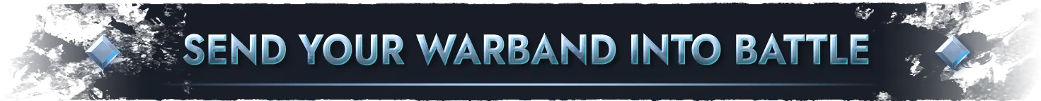 Warband into Battle – Northgard Battlegrounds Northgard Battlegrounds: Banner text “SEND YOUR WARBAND INTO BATTLE” with diamond icons.