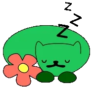 Nourish: Green cat-like creature sleeping beside a pink flower on a black background.
