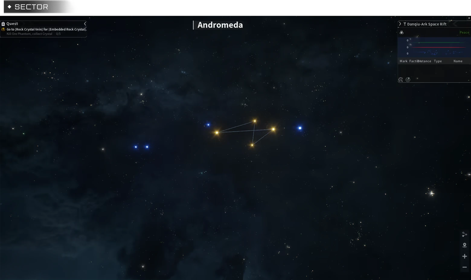 Andromeda Star Map – Nova Era:Atom Nova Era: Star map labeled Andromeda, with linked yellow stars and quest UI panels.