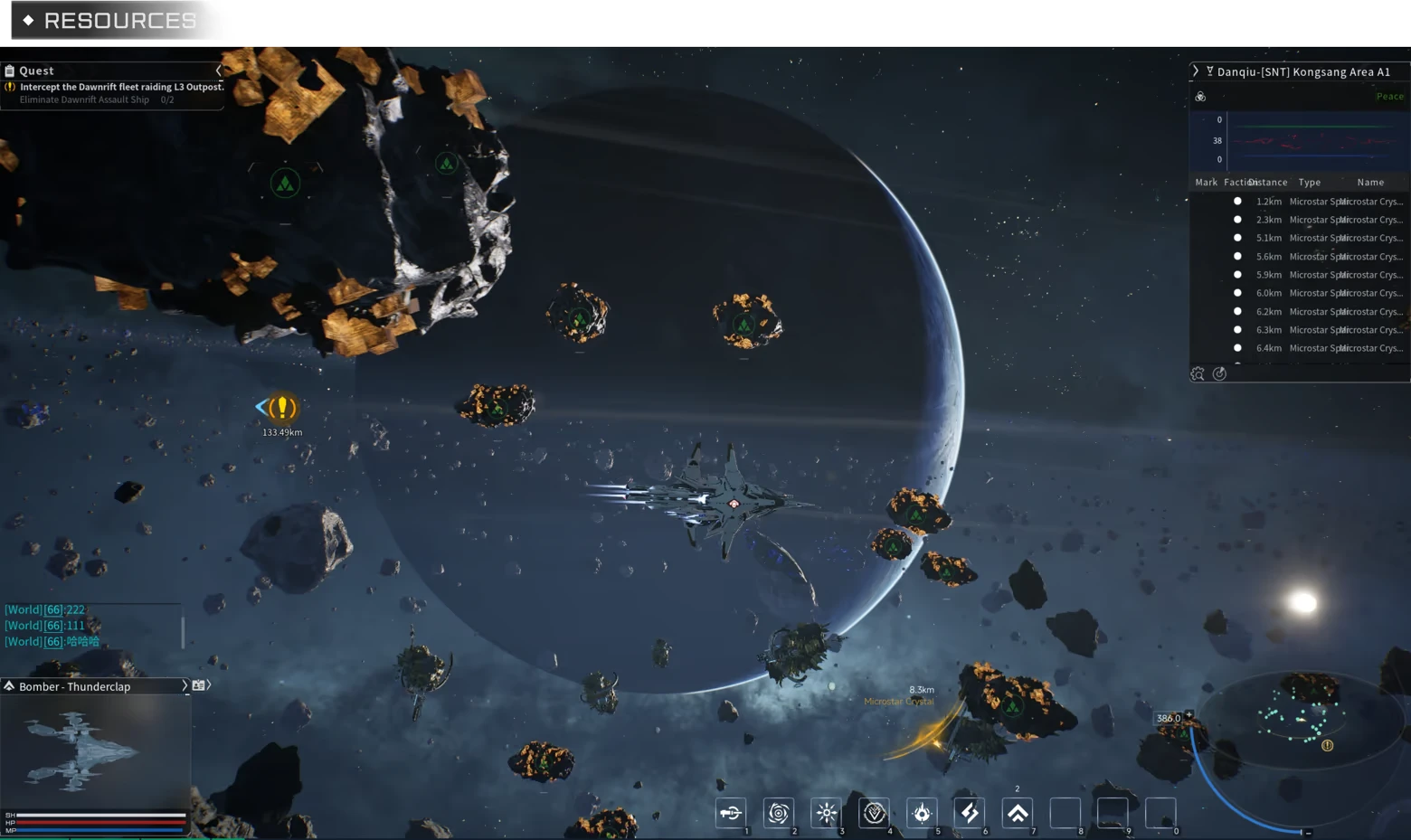 Asteroid Field Flight – Nova Era:Atom Nova Era: Spaceship in asteroid field with planet backdrop and quest UI panels.