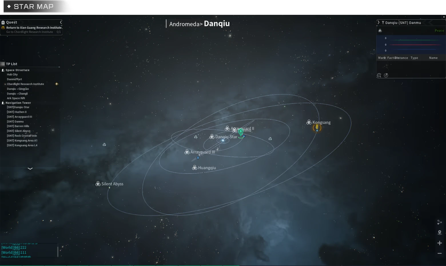 Danqiu Orbit Map – Nova Era:Atom Nova Era: Star map UI showing Andromeda>Danqiu with orbit lines and location labels.
