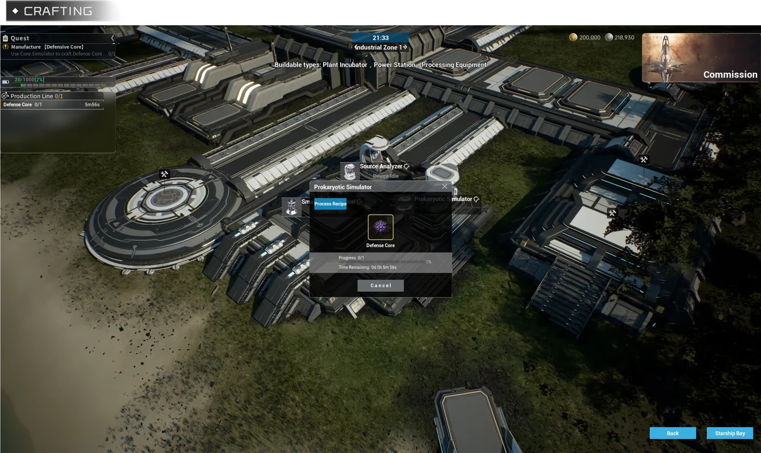 Image 4 – Nova Era:Atom Nova Era: Crafting screen with Prokaryotic Simulator making Defense Core, 5m56s timer.