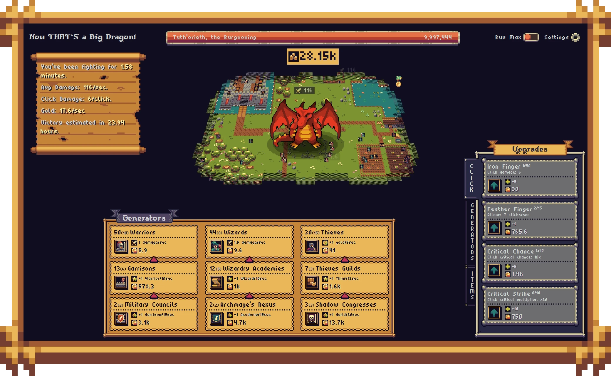 Now THAT'S a Big Dragon!: A red dragon stands on a pixelated map. Stats and upgrade menus surround it.