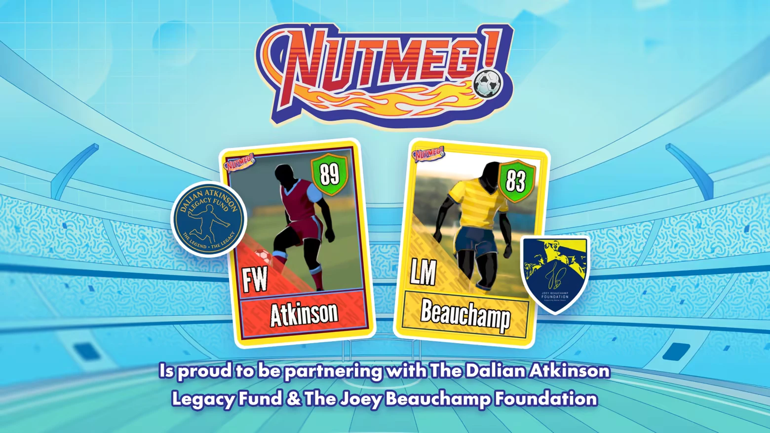 Cards Display – NUTMEG! A Nostalgic Deckbuilding Football Manager NUTMEG! A Nostalgic Deckbuilding Football Manager: Two player cards, Atkinson and Beauchamp, with ratings 89 and 83, set in a stadium background.