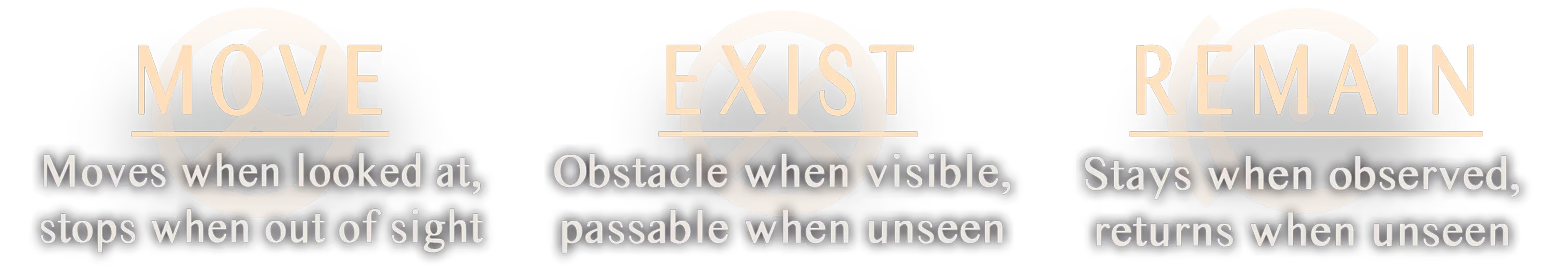 Object Impermanence: Three words "MOVE," "EXIST," "REMAIN" with descriptions and crossed circles.