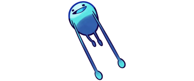 Blue Creature – Oblin Party Oblin Party: A blue, smiling, oval creature with long arms and legs floats against a black background.