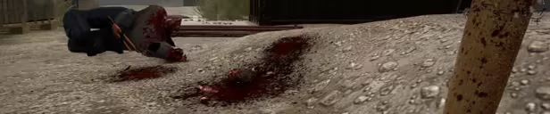 Obscurity: A soldier's body lies on a dirt mound, surrounded by bloodstains and debris.