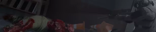 Obscurity: Soldier aiming rifle in dark room, bloodied body on floor, dim lighting.