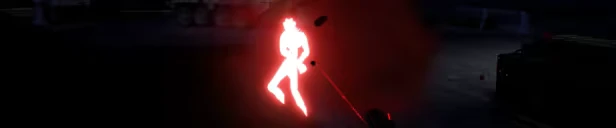 Obscurity: Glowing red silhouette of a figure in a dark environment with scattered debris.