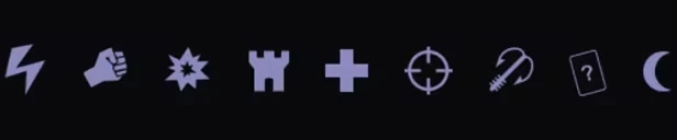 Obscurity: Icons of lightning bolt, fist, explosion, tower, cross, target, grappling hook, card, moon.