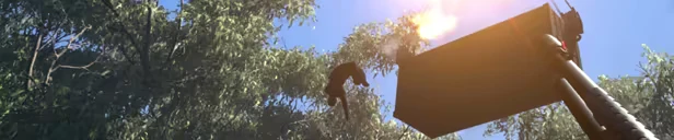 Obscurity: A soldier fires a weapon into the sky, with trees and sunlight in the background.
