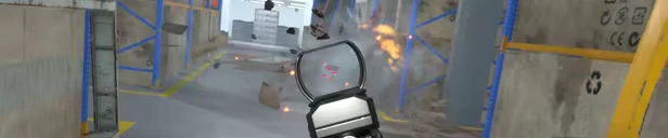 Obscurity: Aiming through a holographic sight at a warehouse with debris and flames visible.