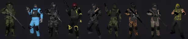 Obscurity: Eight soldiers in varied tactical gear, holding rifles against a dark background.