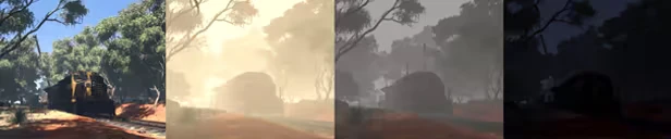 Obscurity: Split screen of a train in a forest, left side bright, right side dark and foggy.
